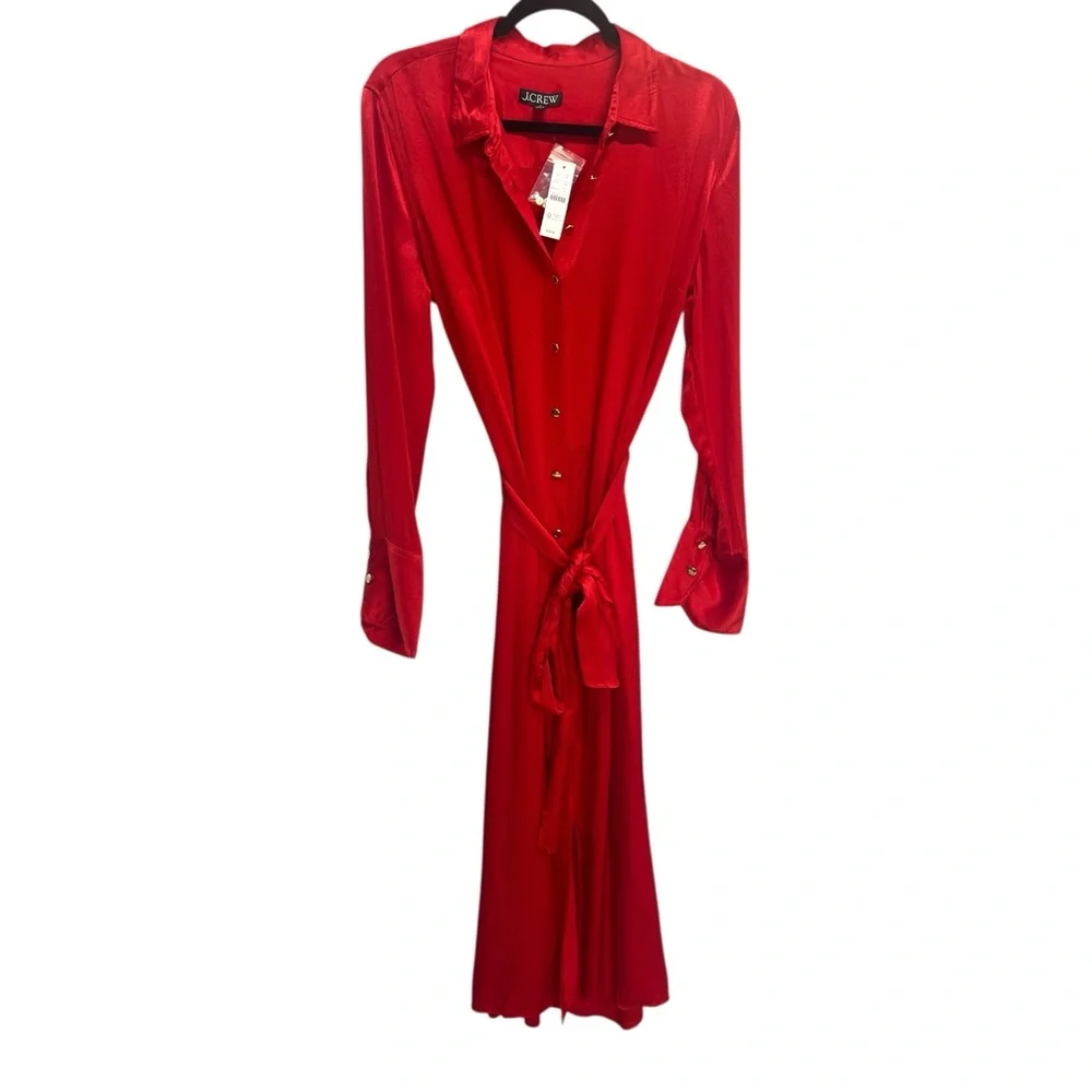 J.‎ Crew Red Silky Drapey Maxi Shirt Dress Belted Buttoned 12